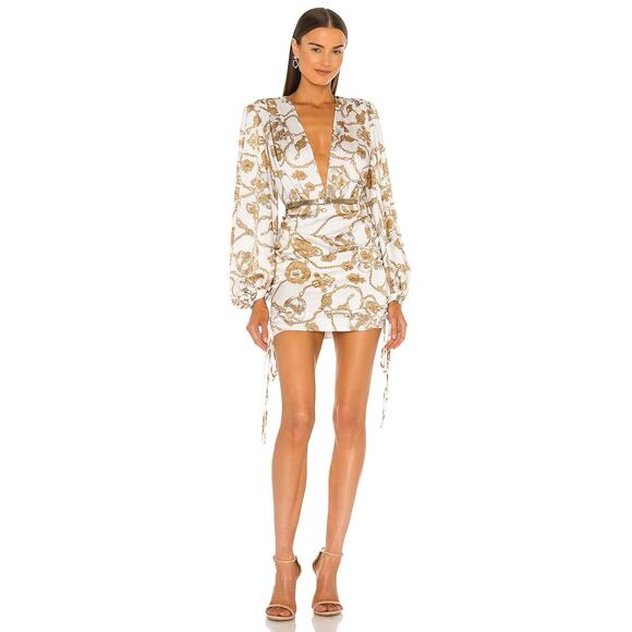 Bronx and Banco Chain Print V-Neck Puff Sleeve Mini Dress White Women's Size XS